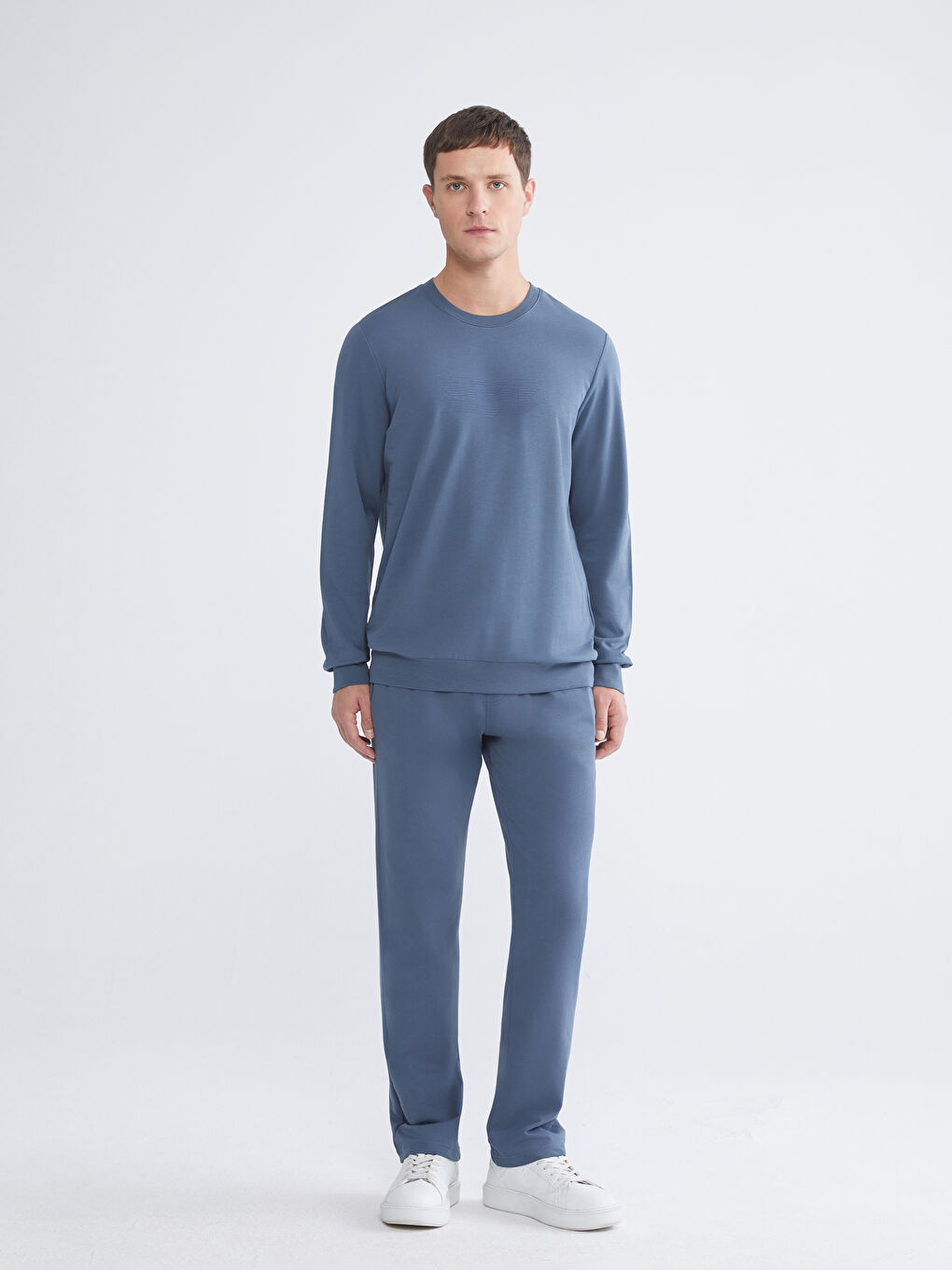 İndigo Bisiklet Yaka Baskılı Erkek Sweatshirt-1