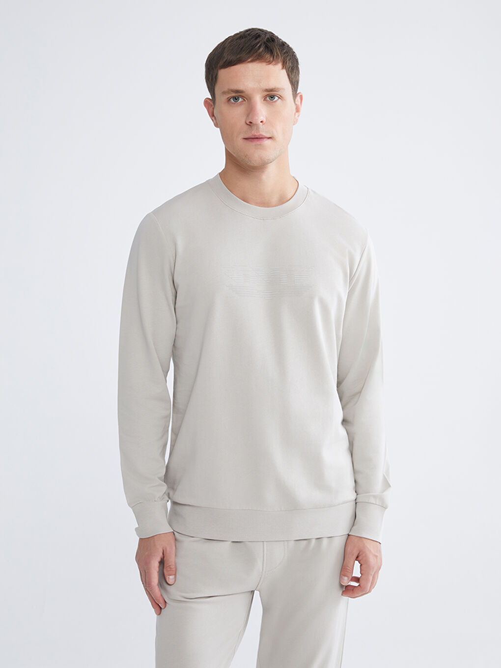 Bej Bisiklet Yaka Baskılı Erkek Sweatshirt