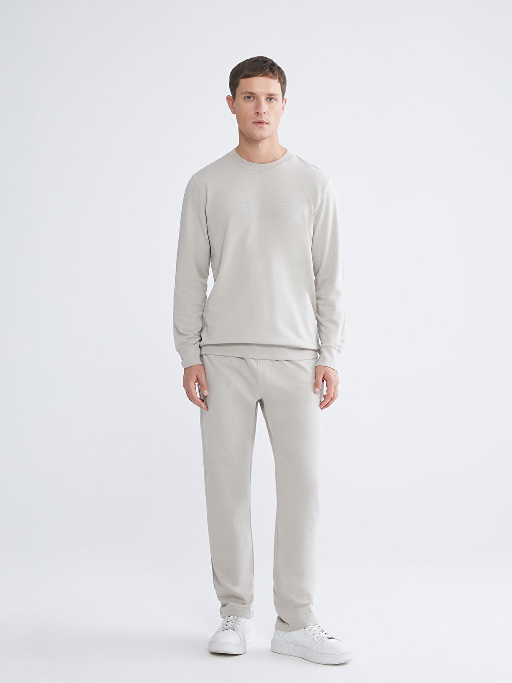 Bej Bisiklet Yaka Baskılı Erkek Sweatshirt-1