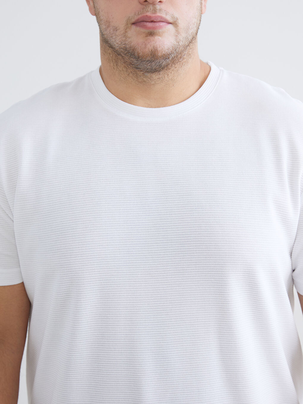 Beyaz Büyük Beden Bisiklet Yaka Penye Erkek Tişört-2