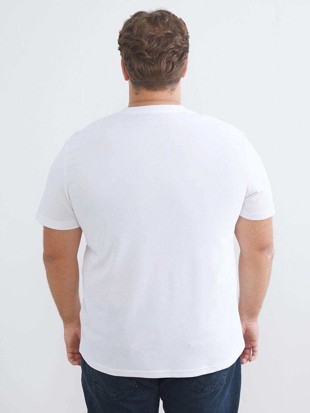 Beyaz Büyük Beden Bisiklet Yaka Penye Erkek Tişört-3