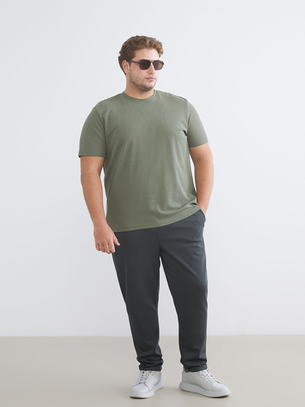 Haki Büyük Beden Bisiklet Yaka Penye Erkek Tişört-1