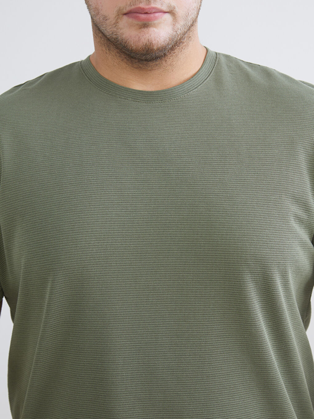 Haki Büyük Beden Bisiklet Yaka Penye Erkek Tişört-2