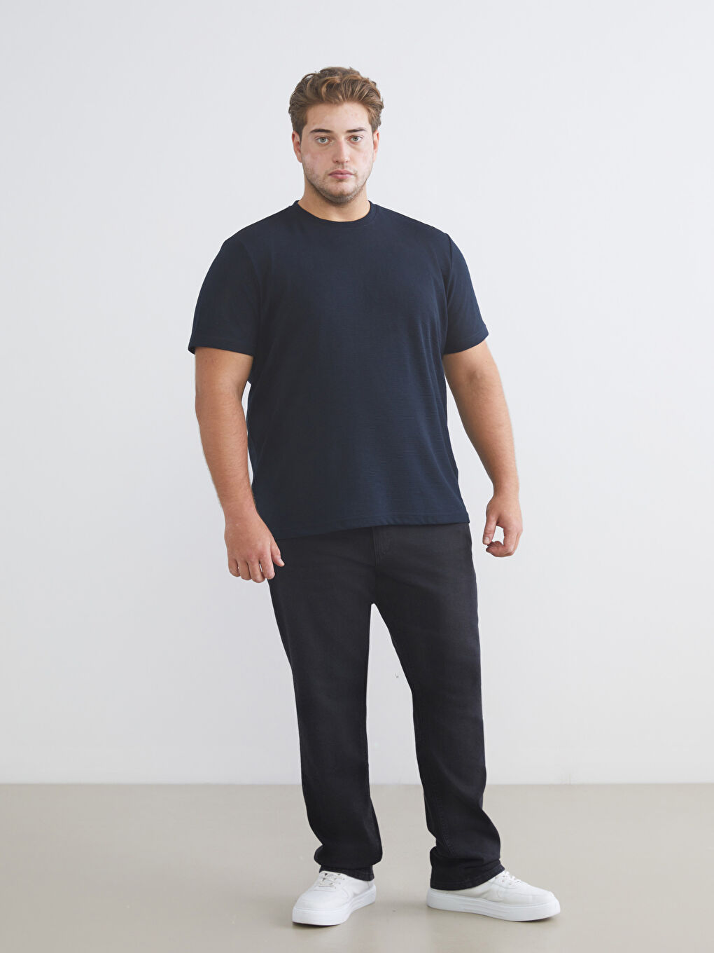 Lacivert Büyük Beden Bisiklet Yaka Penye Erkek Tişört-1