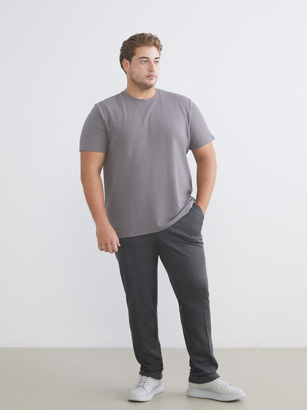 Gri Büyük Beden Bisiklet Yaka Penye Erkek Tişört-1