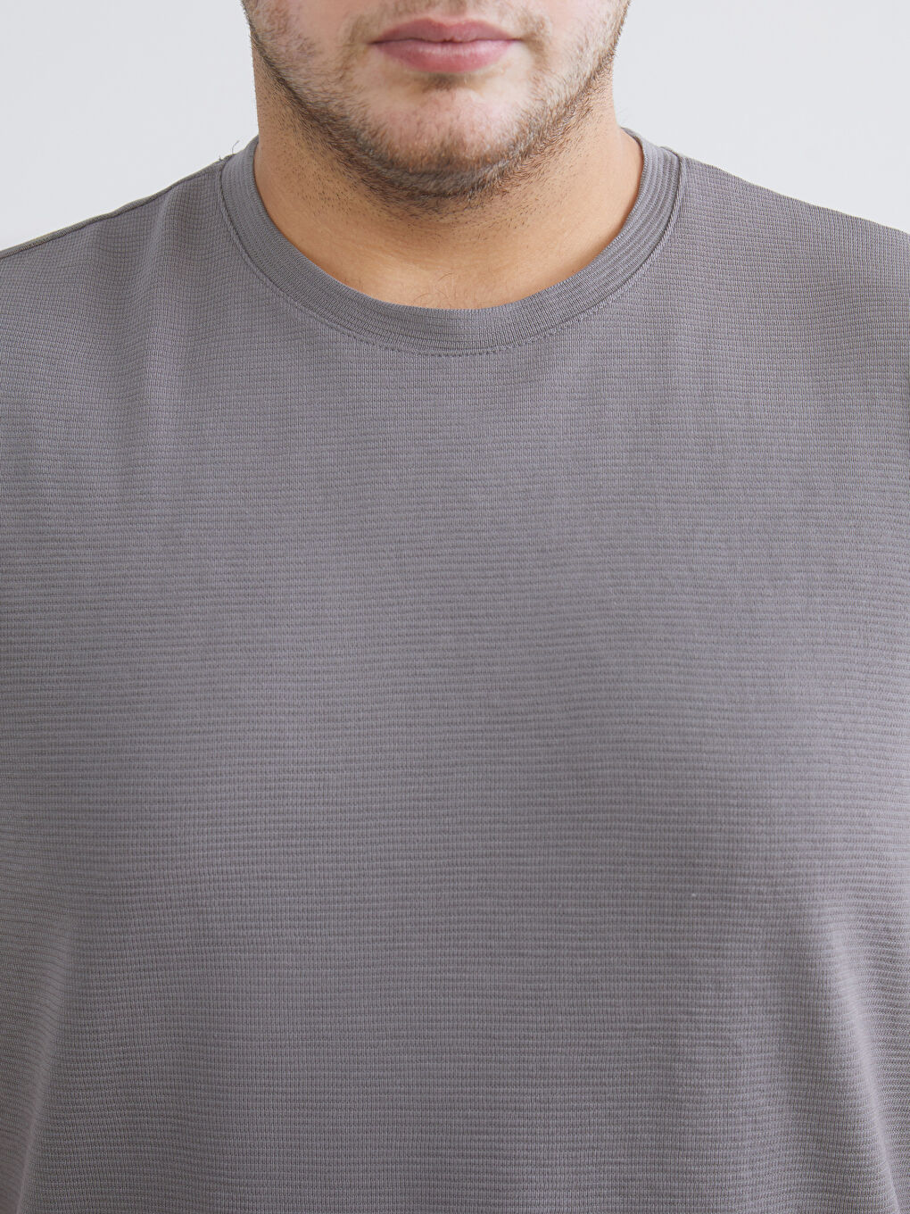 Gri Büyük Beden Bisiklet Yaka Penye Erkek Tişört-2