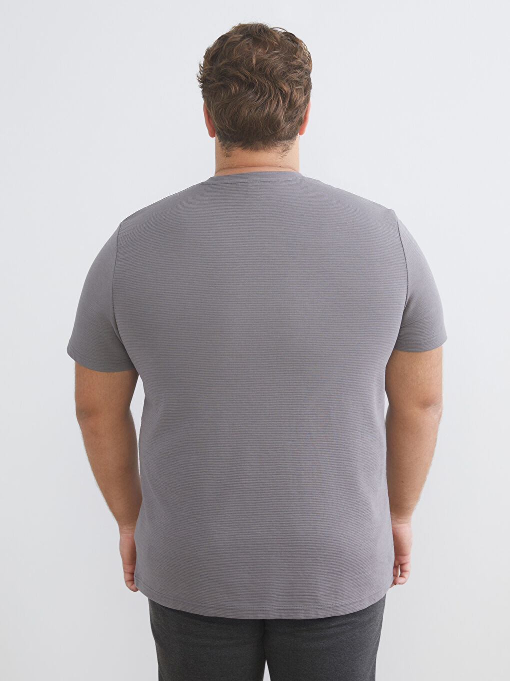 Gri Büyük Beden Bisiklet Yaka Penye Erkek Tişört-3