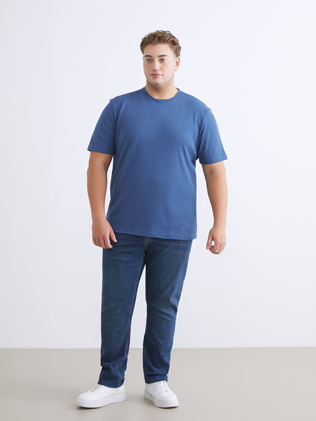 İndigo Büyük Beden Bisiklet Yaka Penye Erkek Tişört-1