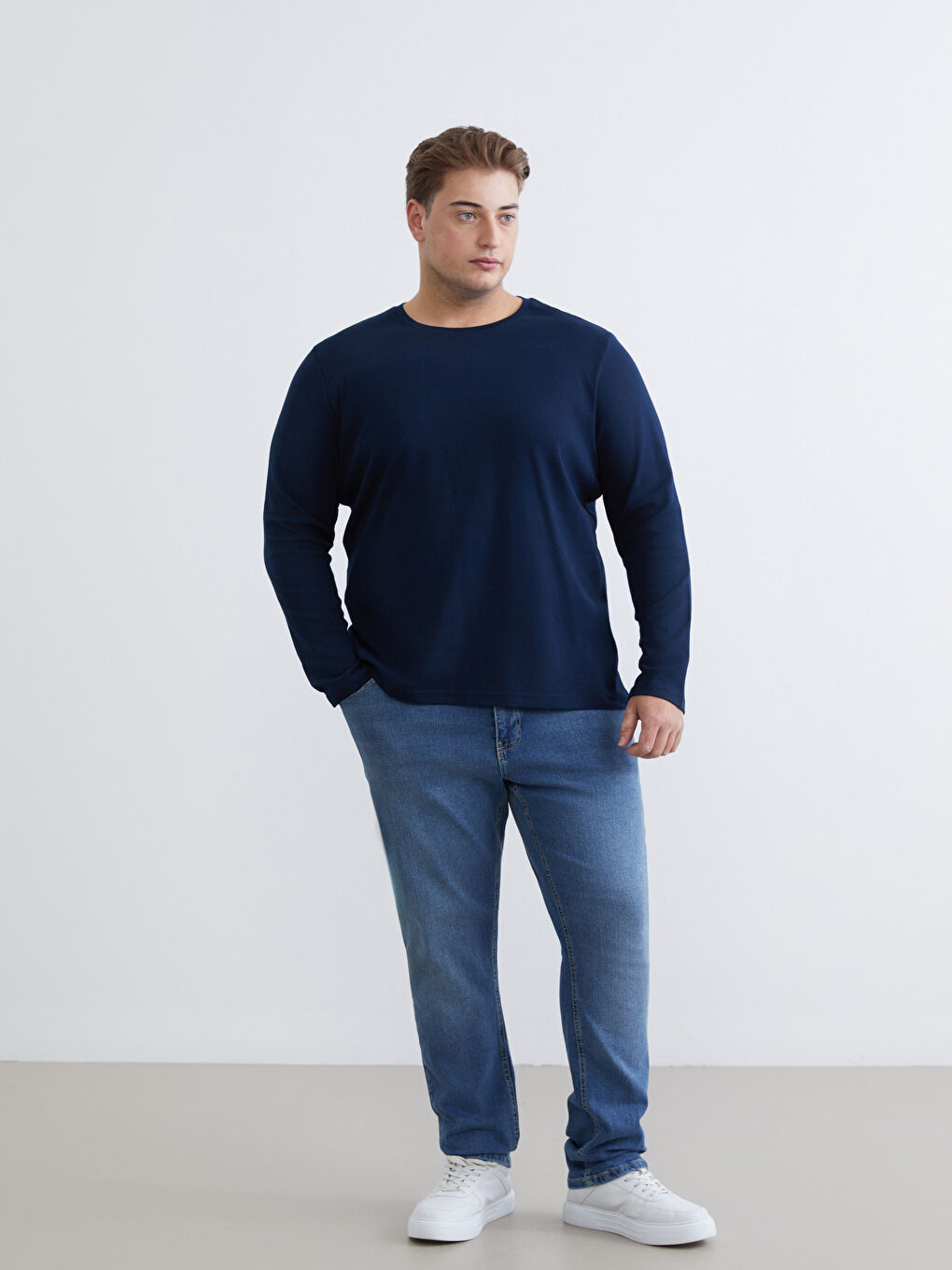 Lacivert Büyük Beden Bisiklet Yaka Uzun Kollu Erkek Tişört-1