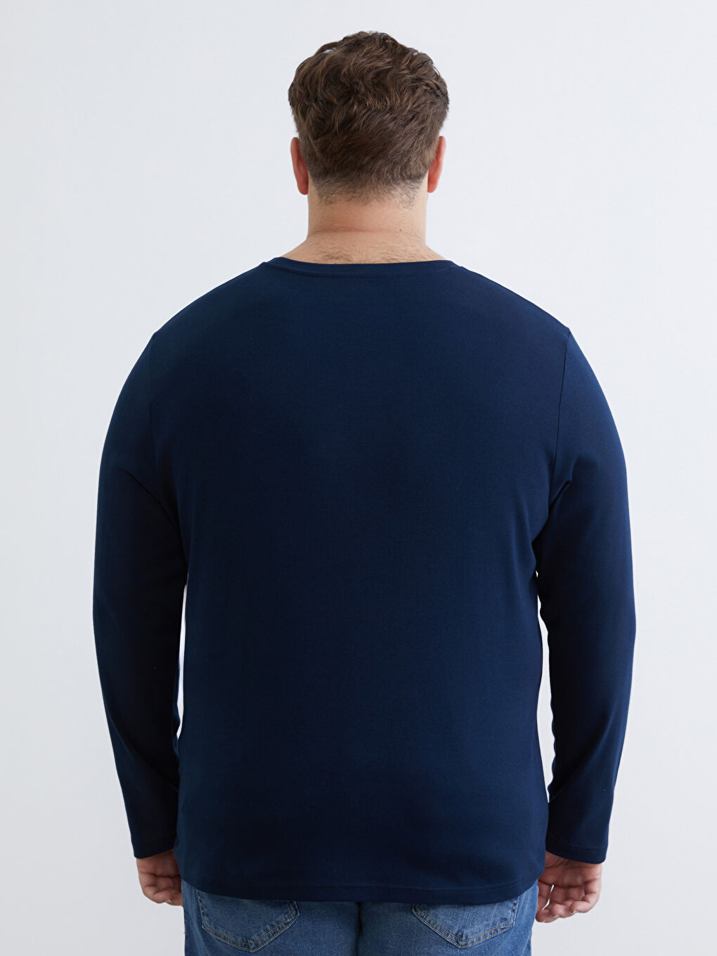 Lacivert Büyük Beden Bisiklet Yaka Uzun Kollu Erkek Tişört-3