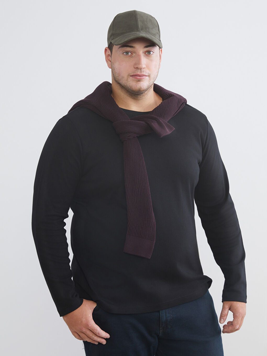 Siyah Büyük Beden Bisiklet Yaka Uzun Kollu Erkek Tişört