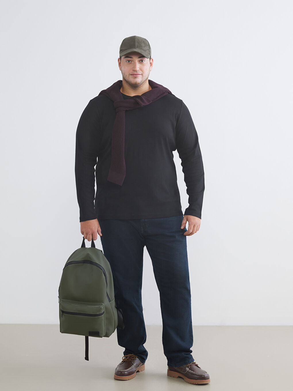 Siyah Büyük Beden Bisiklet Yaka Uzun Kollu Erkek Tişört-1