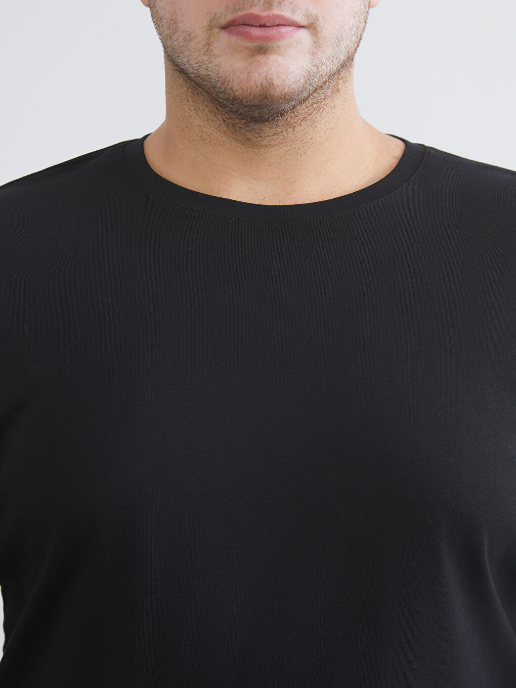 Siyah Büyük Beden Bisiklet Yaka Uzun Kollu Erkek Tişört-2