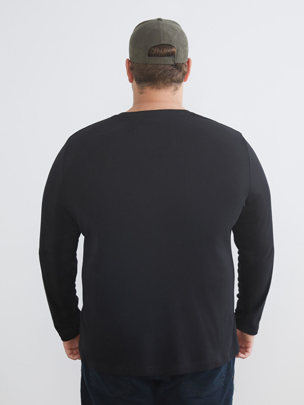 Siyah Büyük Beden Bisiklet Yaka Uzun Kollu Erkek Tişört-3