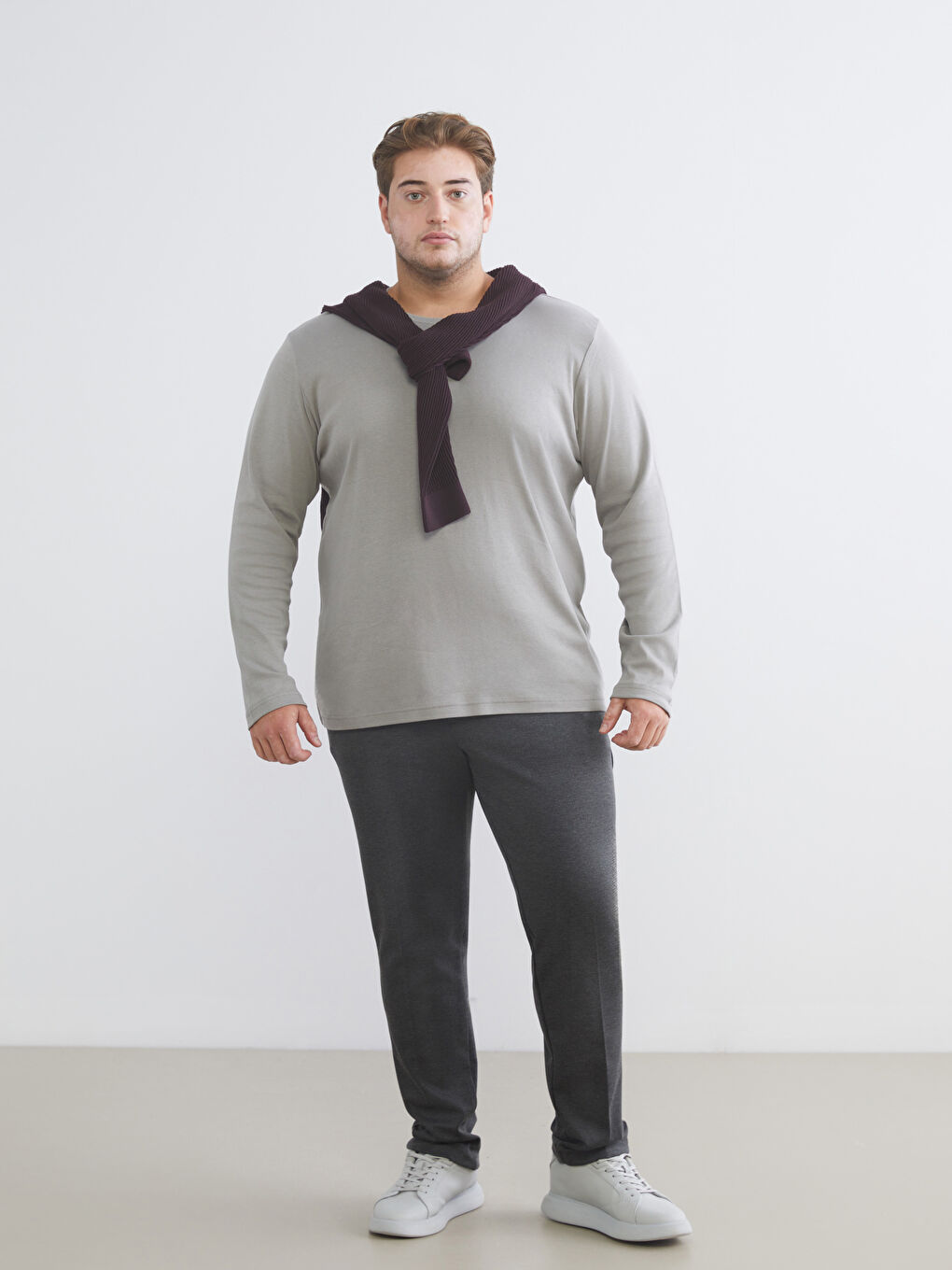 Gri Büyük Beden Bisiklet Yaka Uzun Kollu Erkek Tişört-1