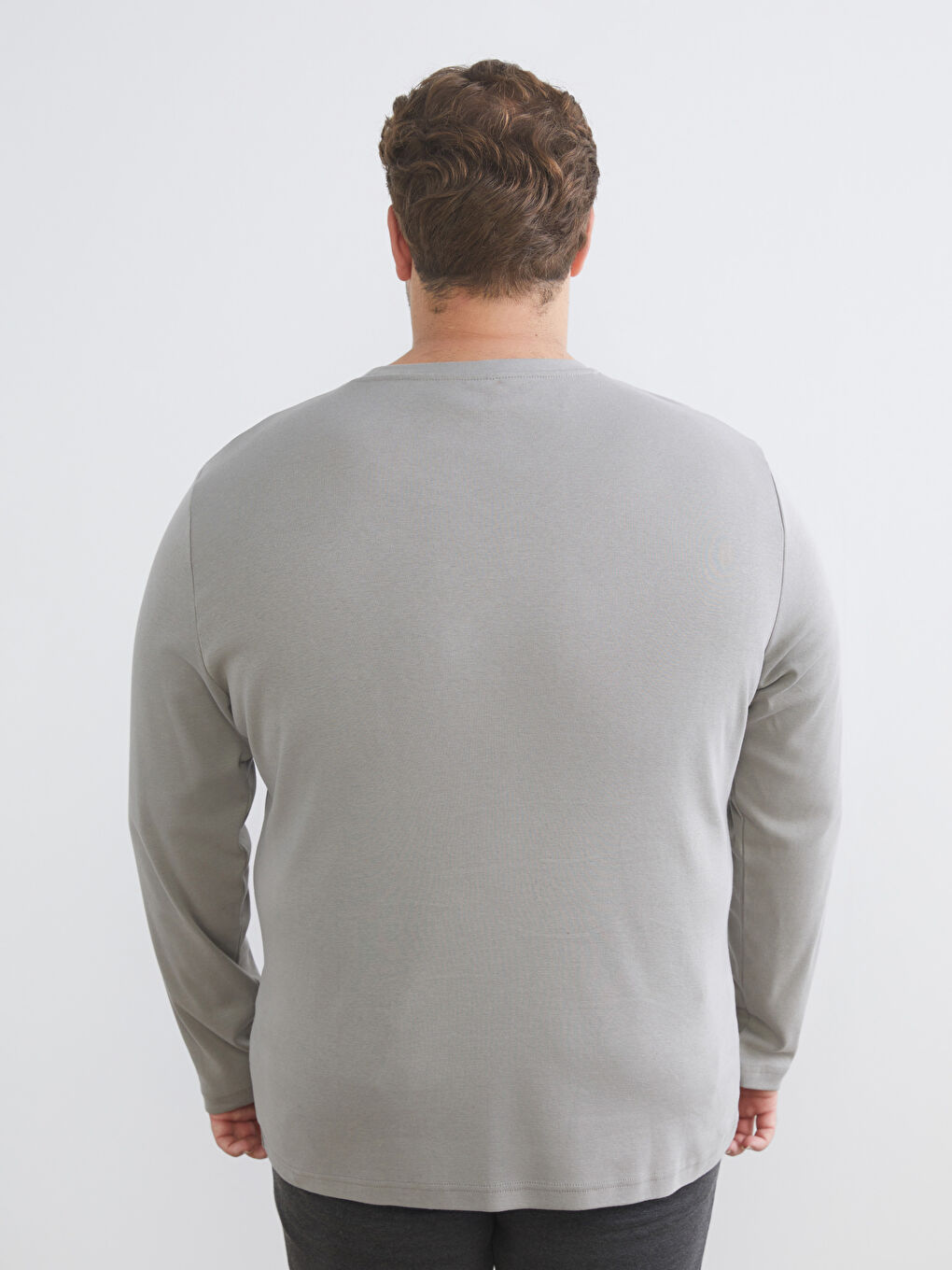 Gri Büyük Beden Bisiklet Yaka Uzun Kollu Erkek Tişört-3