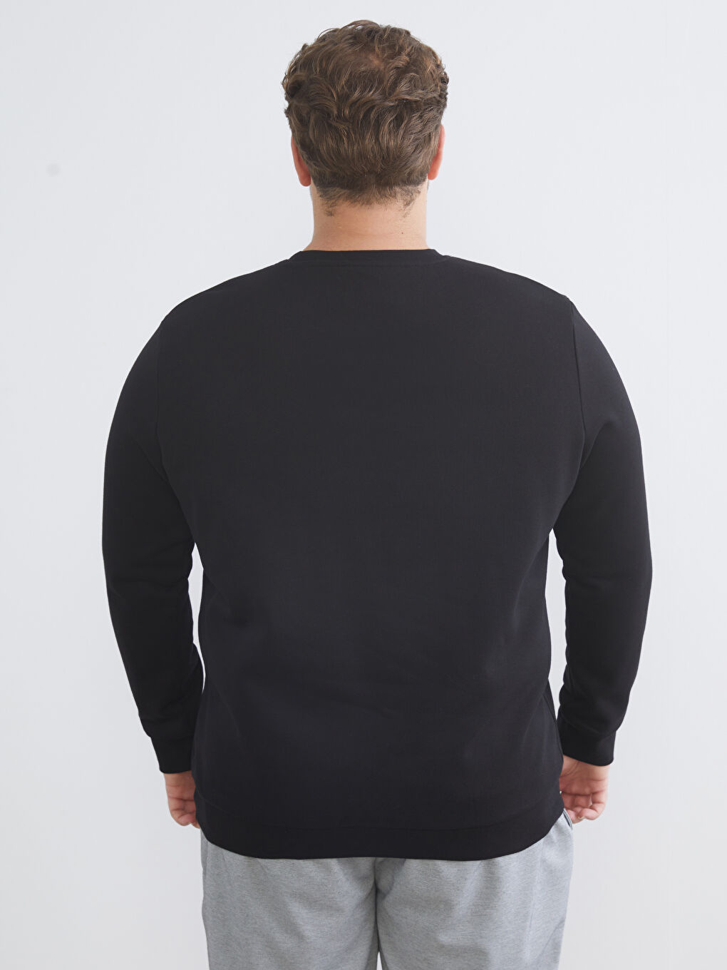 Siyah Büyük Beden Bisiklet Yaka Erkek Sweatshirt-3