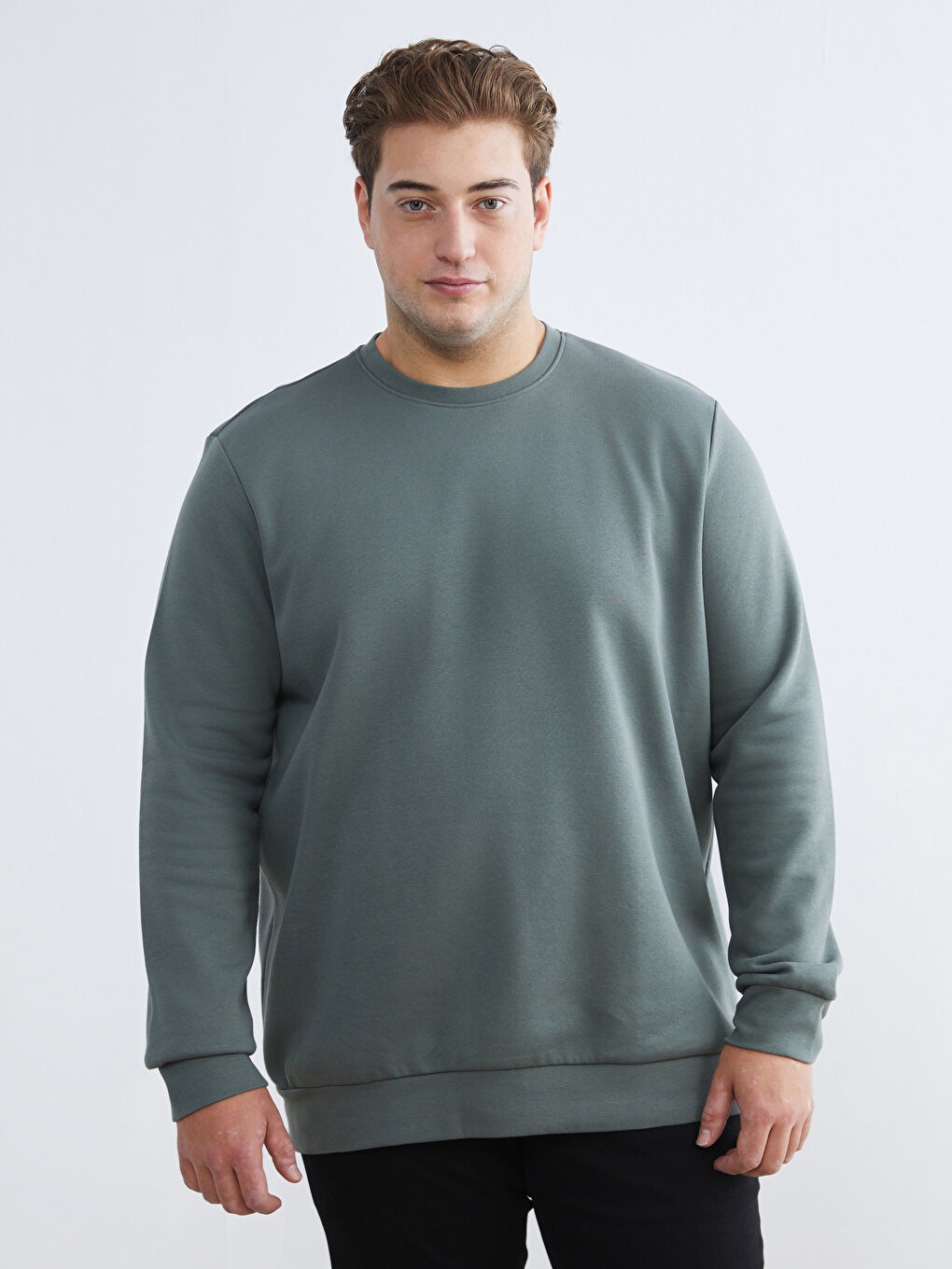 Yeşil Büyük Beden Bisiklet Yaka Erkek Sweatshirt