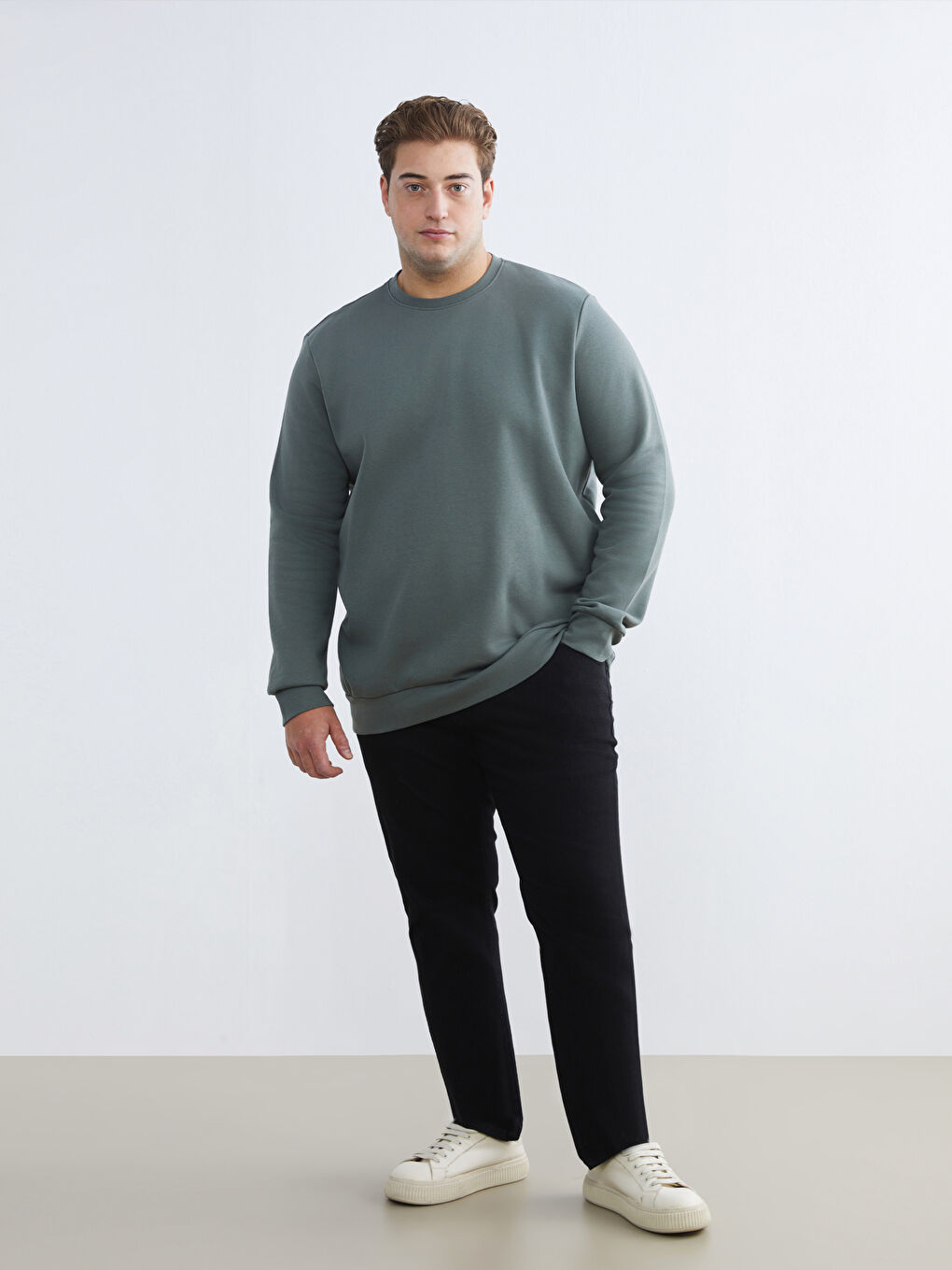 Yeşil Büyük Beden Bisiklet Yaka Erkek Sweatshirt-1