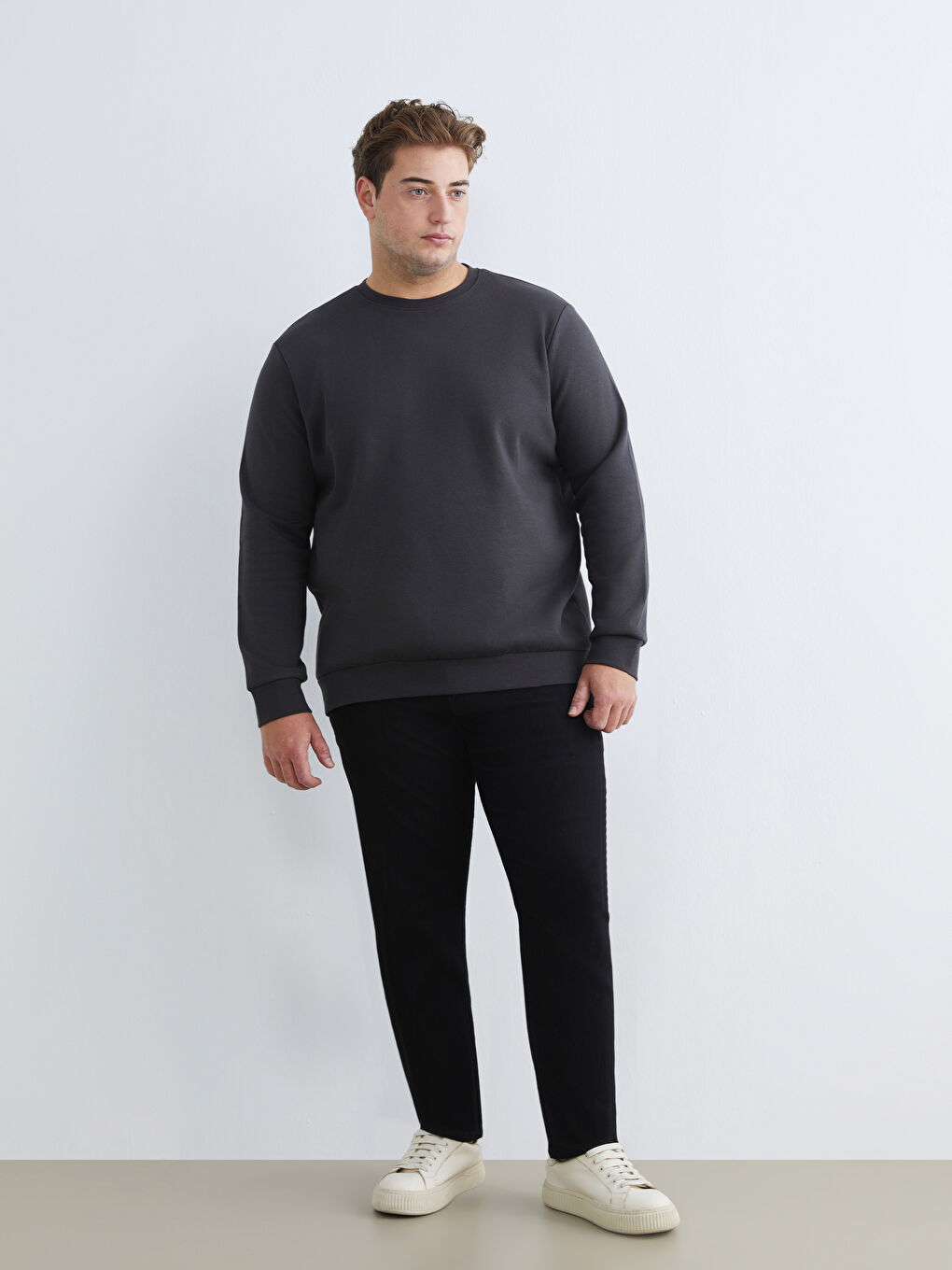 Antrasit Büyük Beden Bisiklet Yaka Erkek Sweatshirt-1