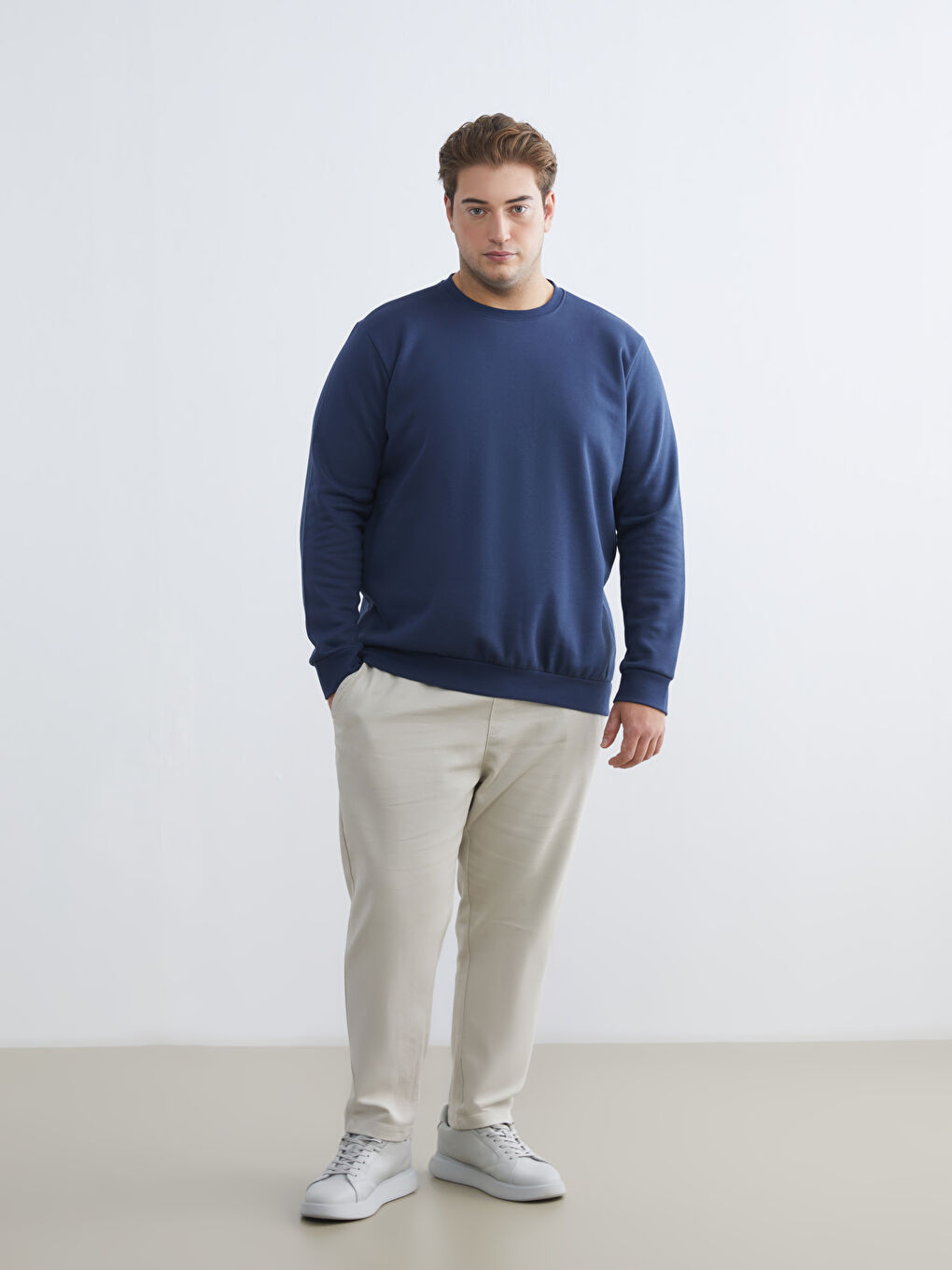 İndigo Büyük Beden Bisiklet Yaka Erkek Sweatshirt-1