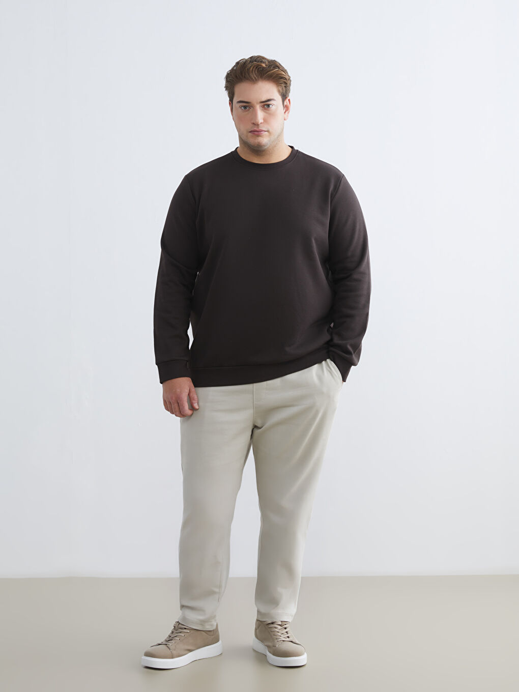 Kahverengi Büyük Beden Bisiklet Yaka Erkek Sweatshirt-1