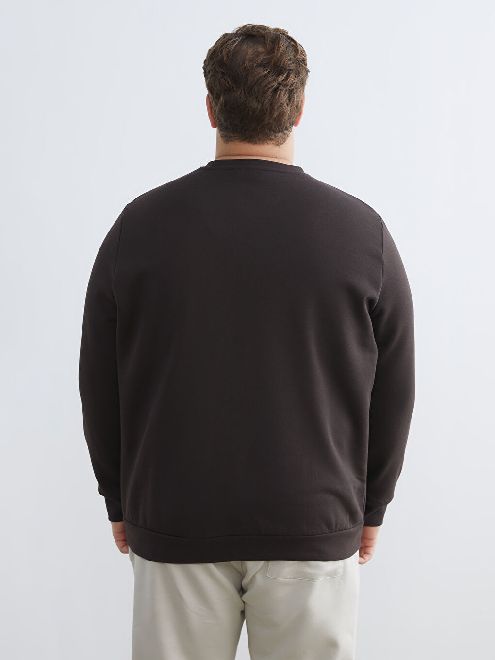 Kahverengi Büyük Beden Bisiklet Yaka Erkek Sweatshirt-3