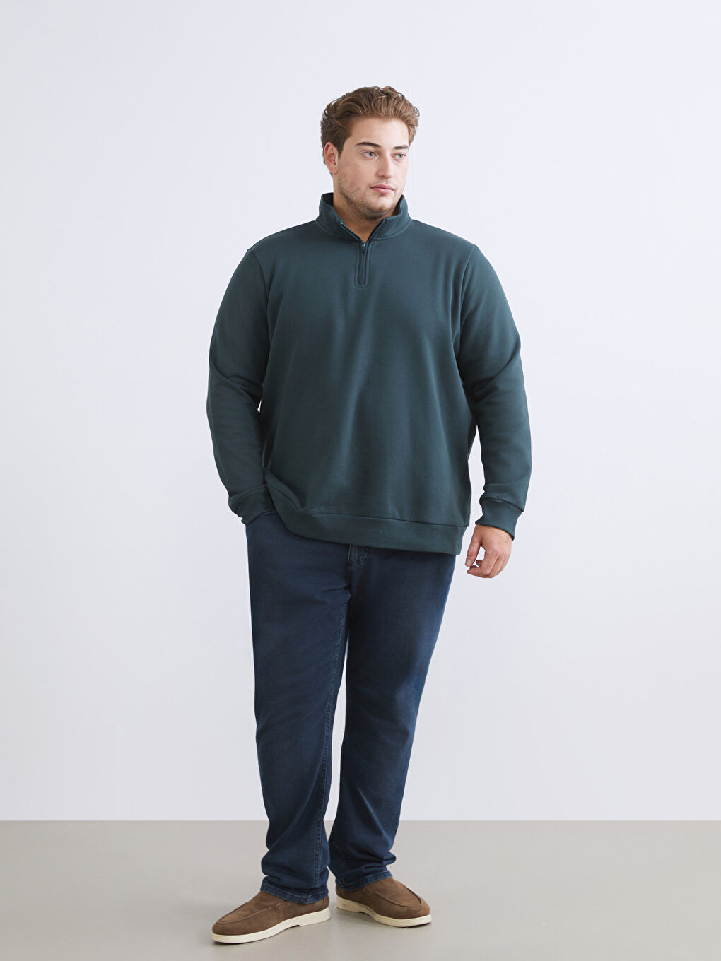 Petrol Büyük Beden Dik Yaka Erkek Sweatshirt-1