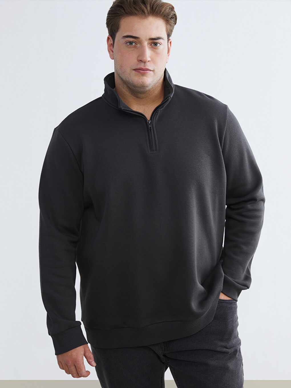 Antrasit Büyük Beden Dik Yaka Erkek Sweatshirt