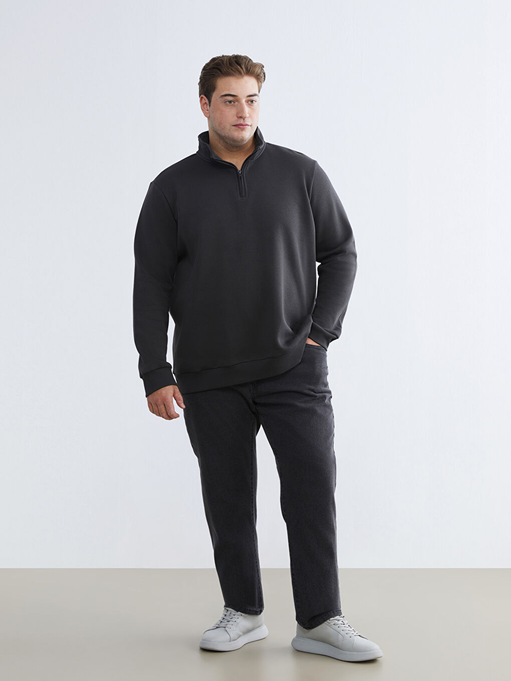 Antrasit Büyük Beden Dik Yaka Erkek Sweatshirt-1