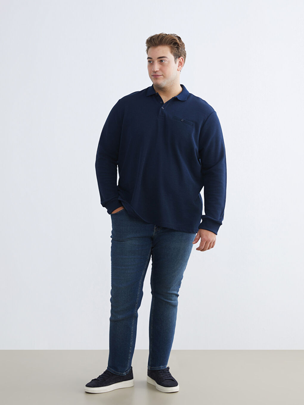 Lacivert Büyük Beden Polo Yaka Erkek Sweatshirt-1