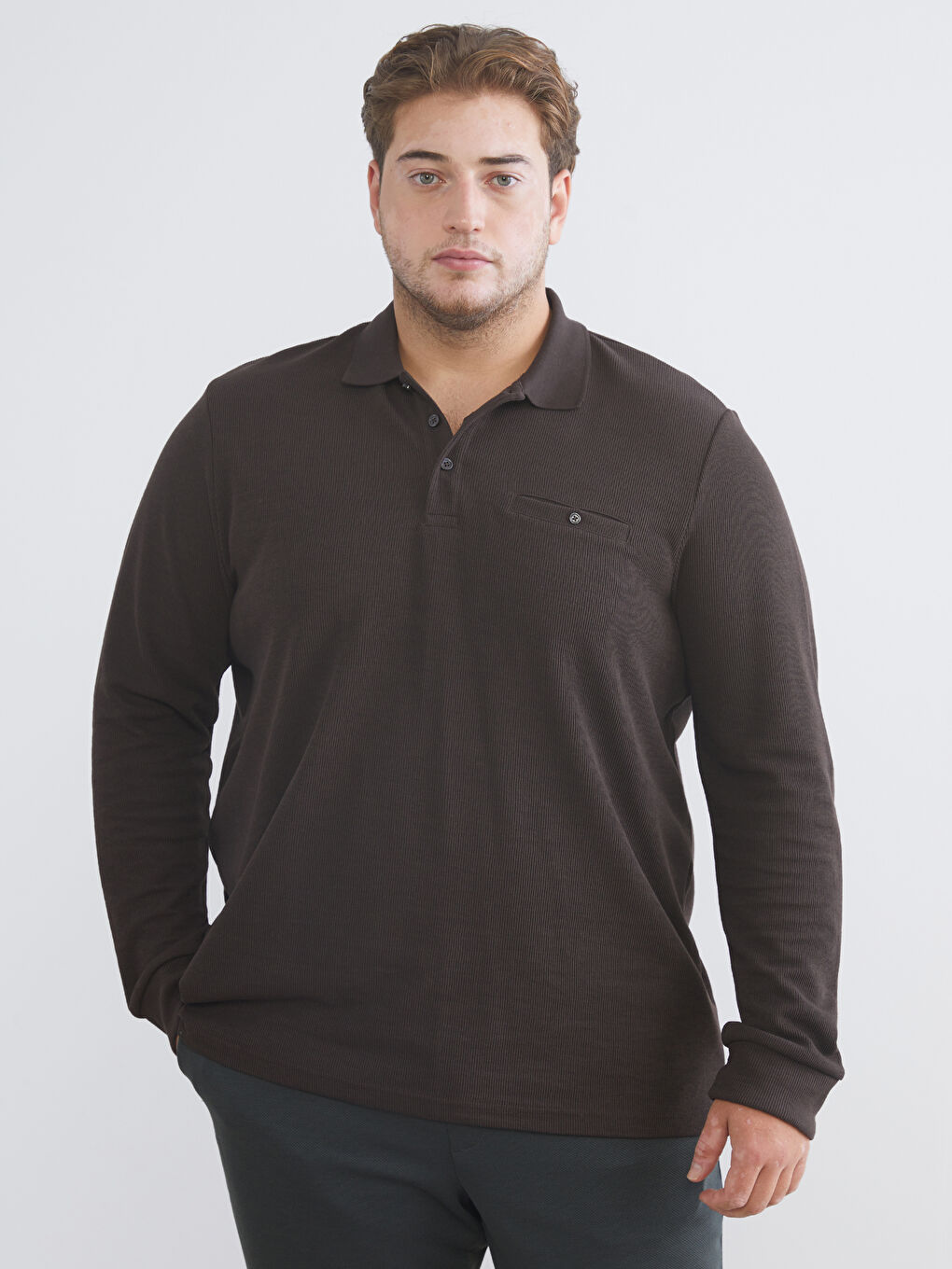 Kahverengi Büyük Beden Polo Yaka Erkek Sweatshirt