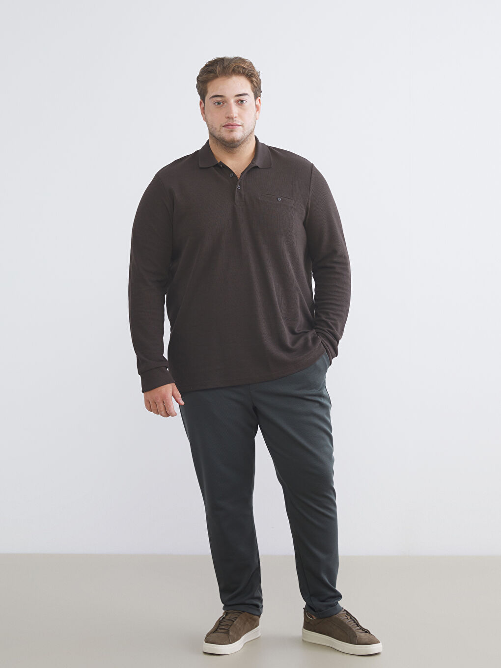 Kahverengi Büyük Beden Polo Yaka Erkek Sweatshirt-1