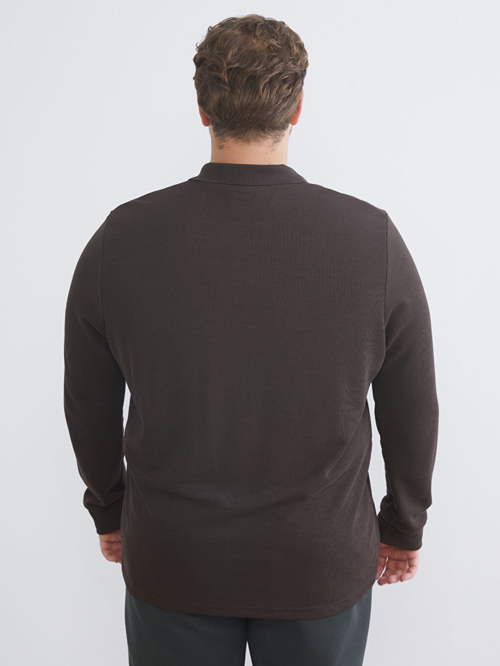 Kahverengi Büyük Beden Polo Yaka Erkek Sweatshirt-3