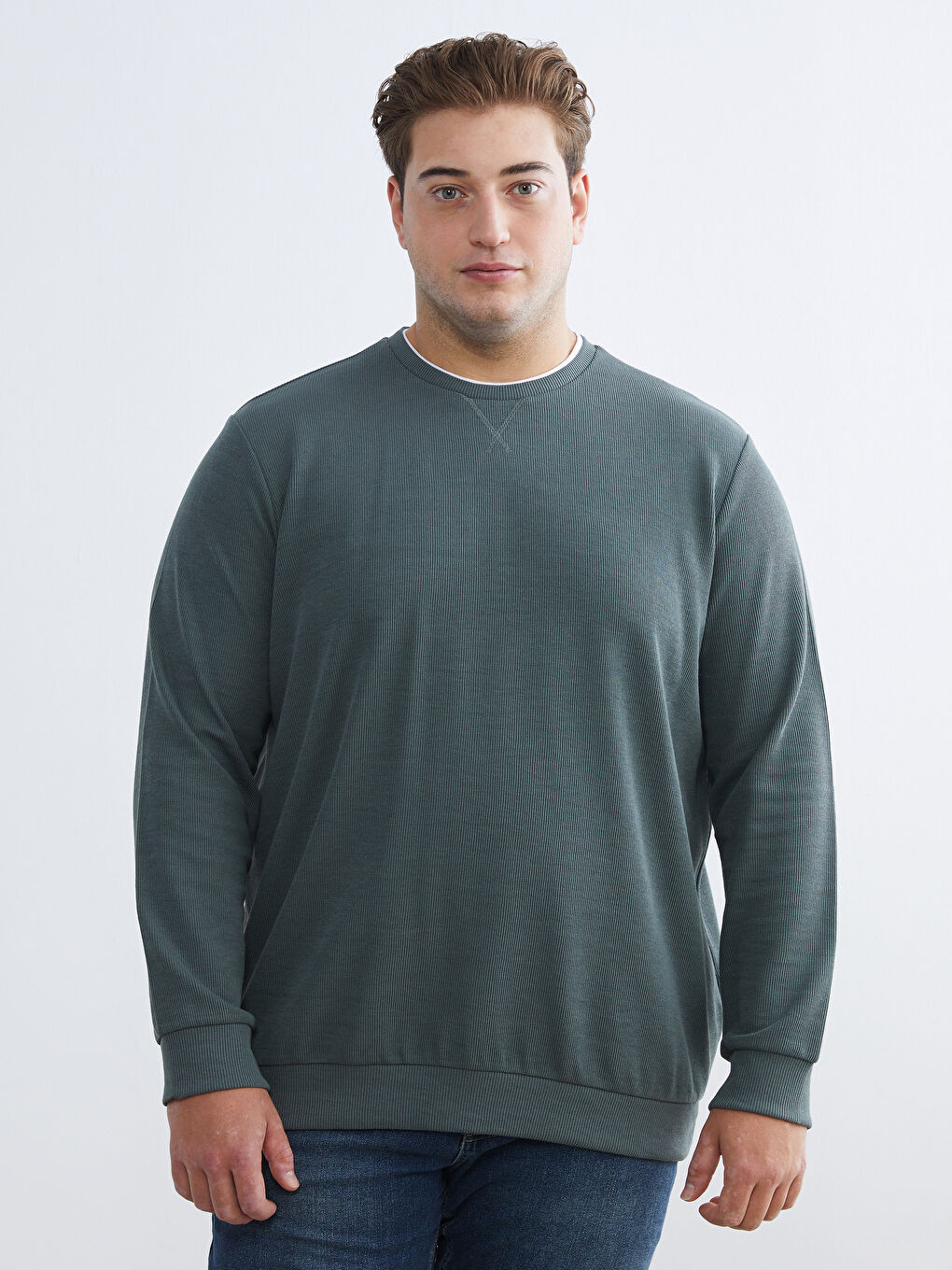 Yeşil Büyük Beden Bisiklet Yaka Erkek Sweatshirt