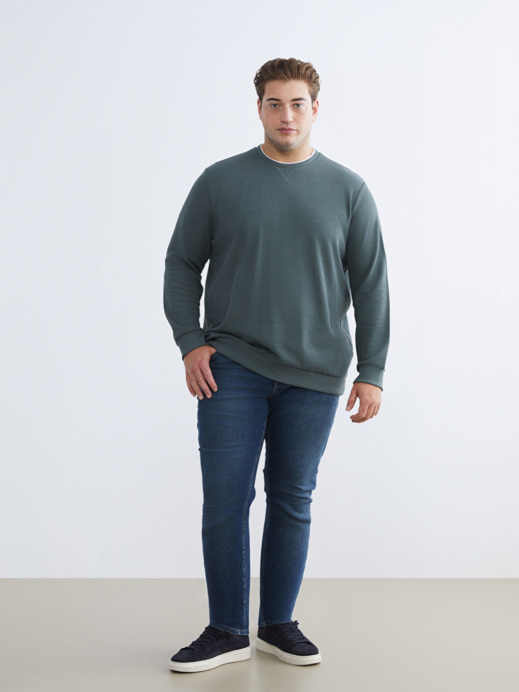 Yeşil Büyük Beden Bisiklet Yaka Erkek Sweatshirt-1