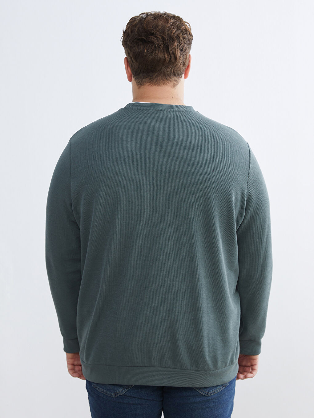 Yeşil Büyük Beden Bisiklet Yaka Erkek Sweatshirt-3