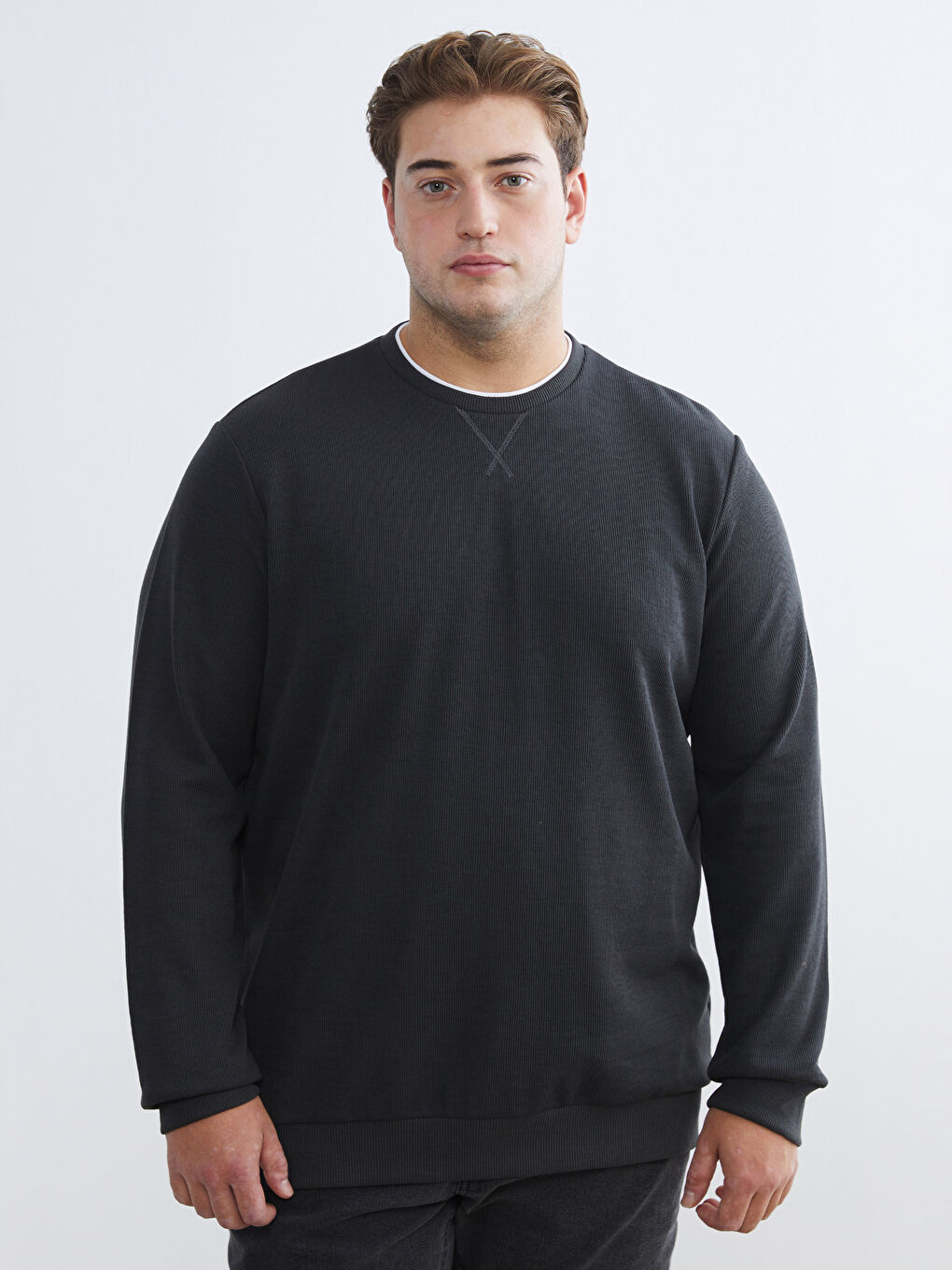 Antrasit Büyük Beden Bisiklet Yaka Erkek Sweatshirt