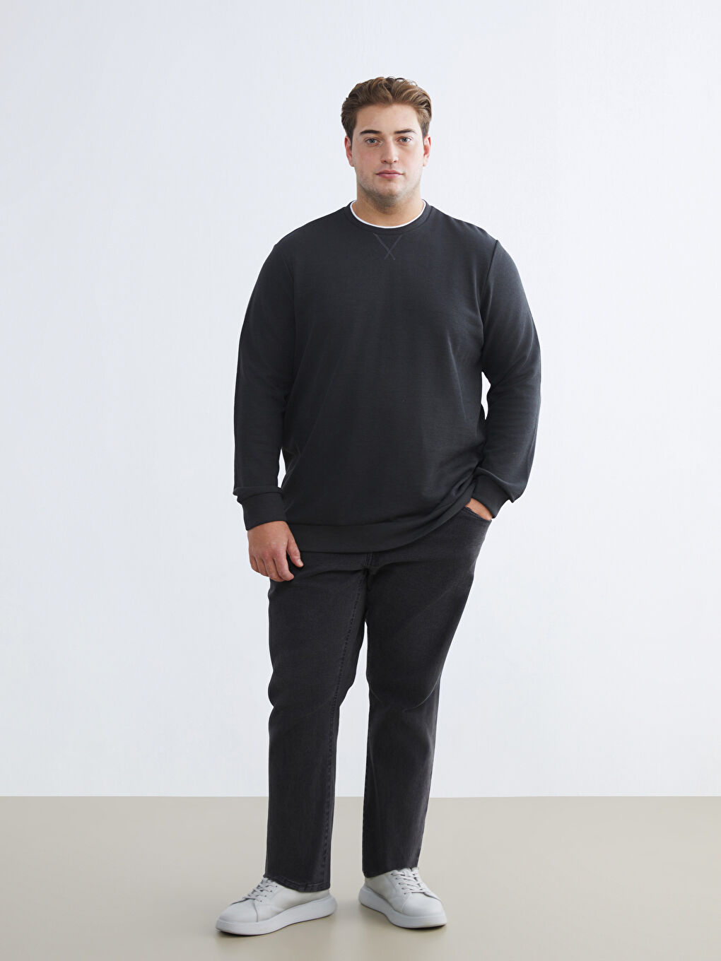 Antrasit Büyük Beden Bisiklet Yaka Erkek Sweatshirt-1