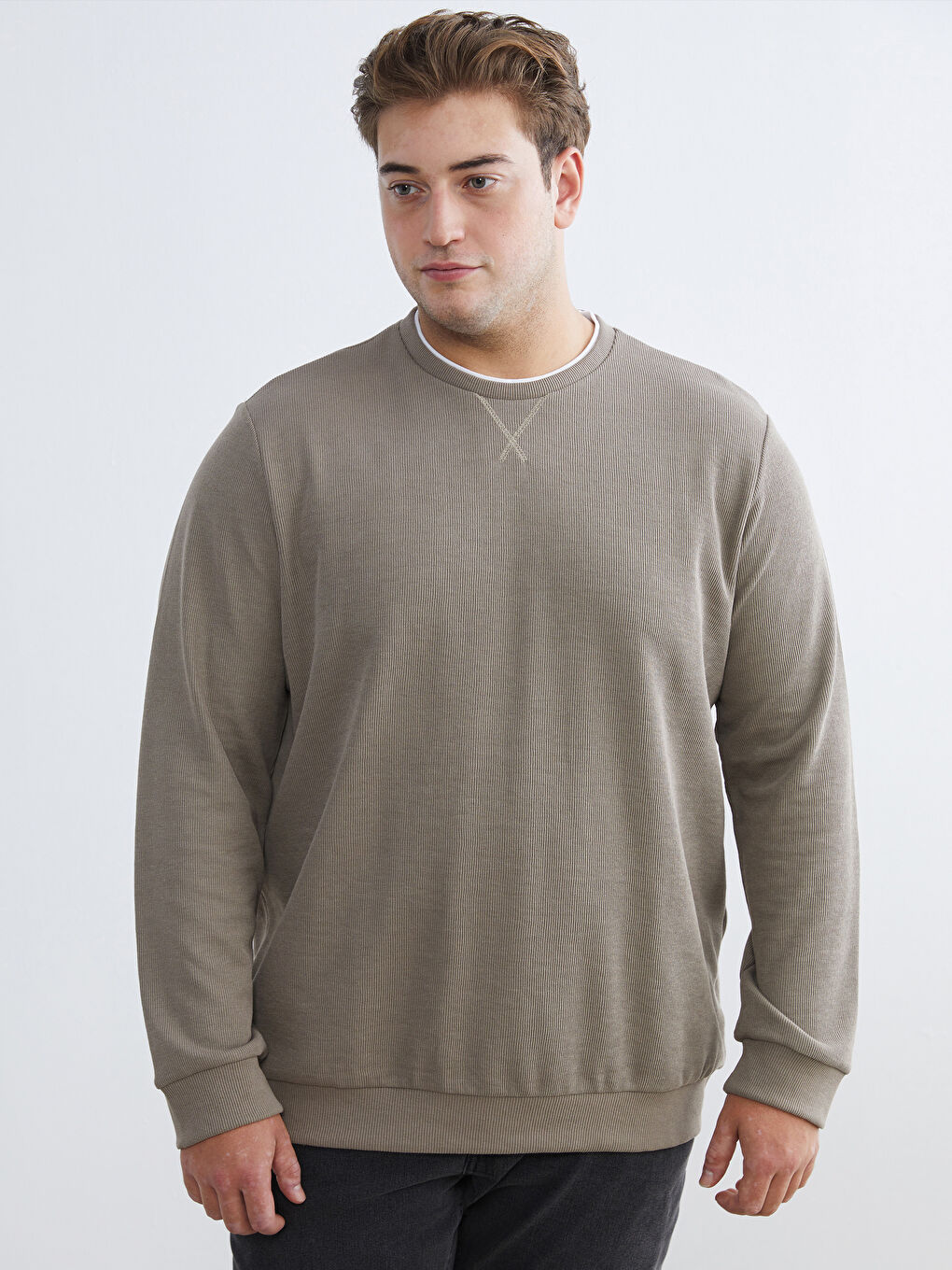 Kahverengi Büyük Beden Bisiklet Yaka Erkek Sweatshirt