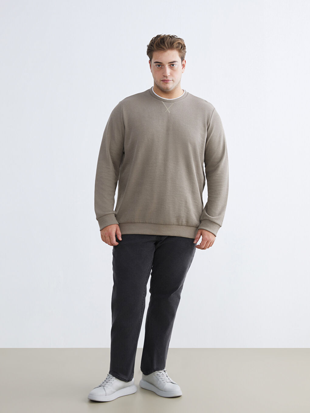 Kahverengi Büyük Beden Bisiklet Yaka Erkek Sweatshirt-1