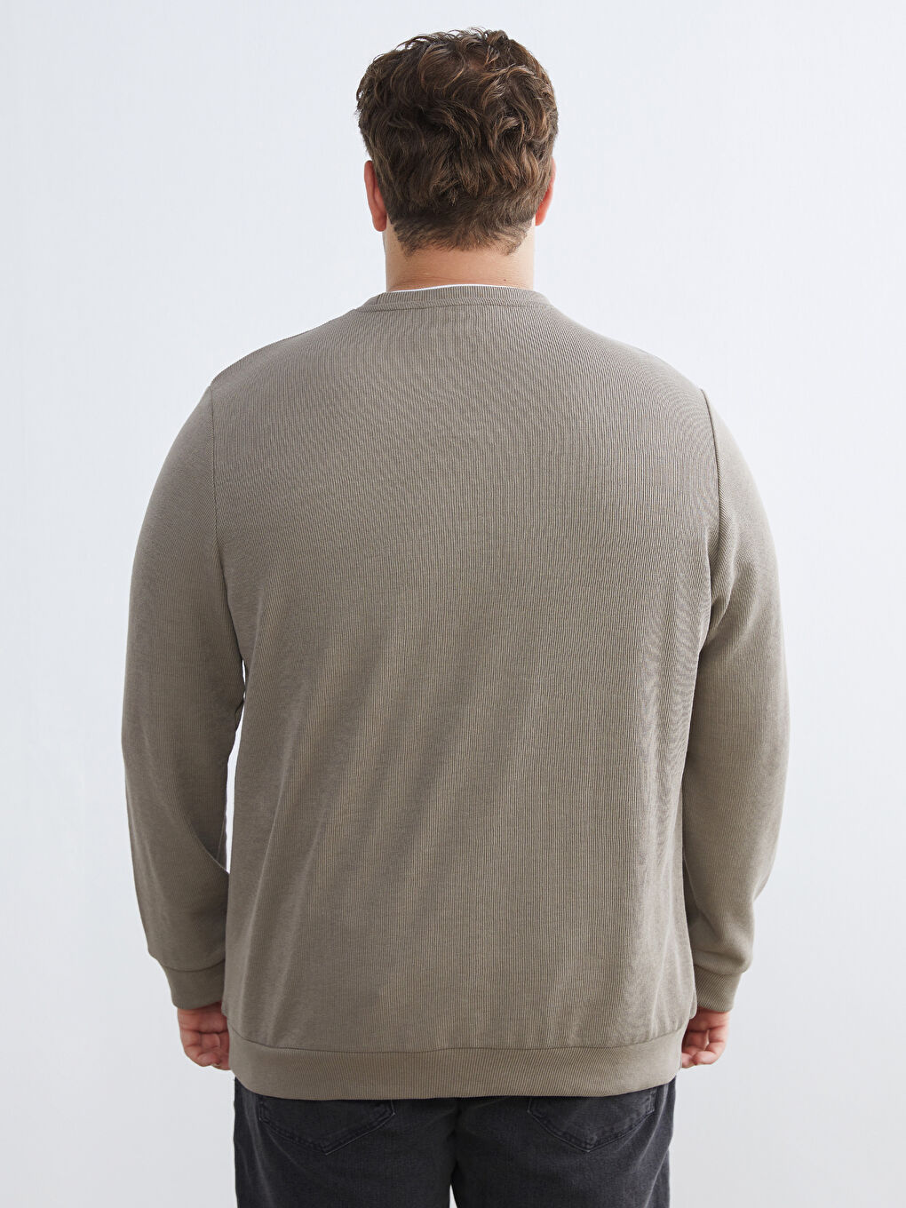 Kahverengi Büyük Beden Bisiklet Yaka Erkek Sweatshirt-3