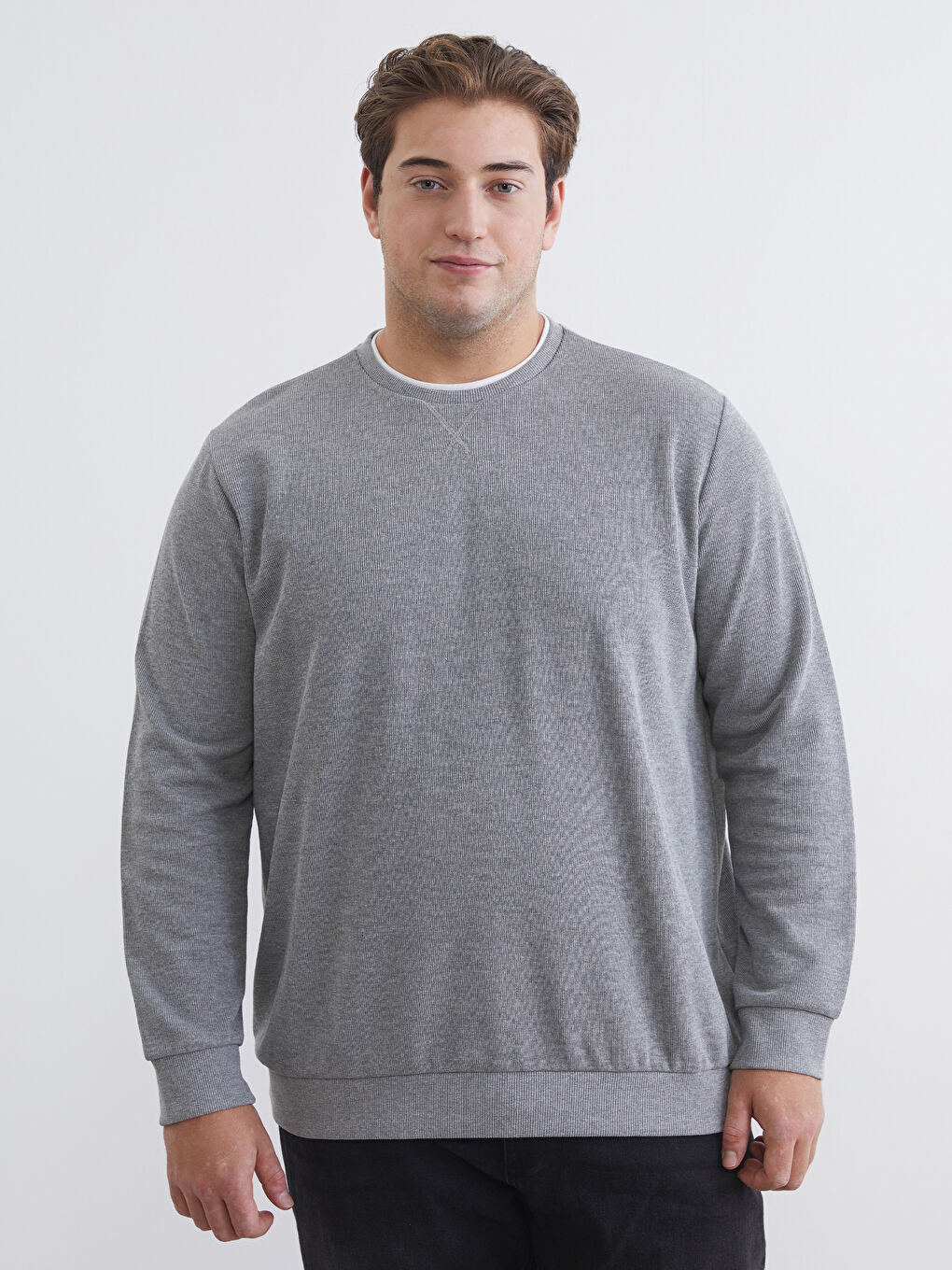 Gri Büyük Beden Bisiklet Yaka Erkek Sweatshirt