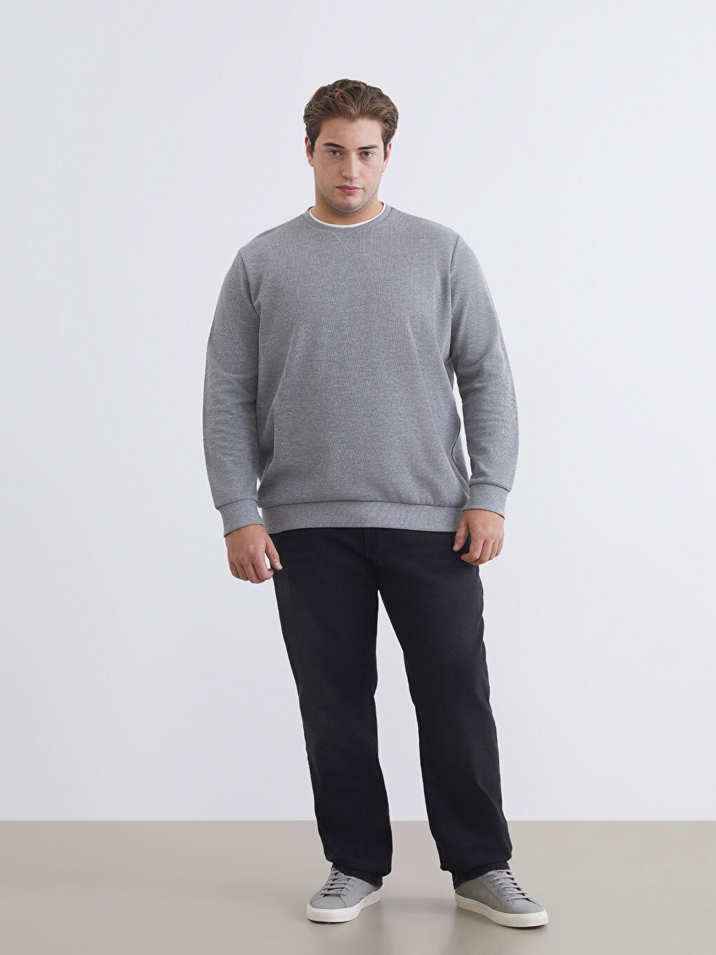 Gri Büyük Beden Bisiklet Yaka Erkek Sweatshirt-1