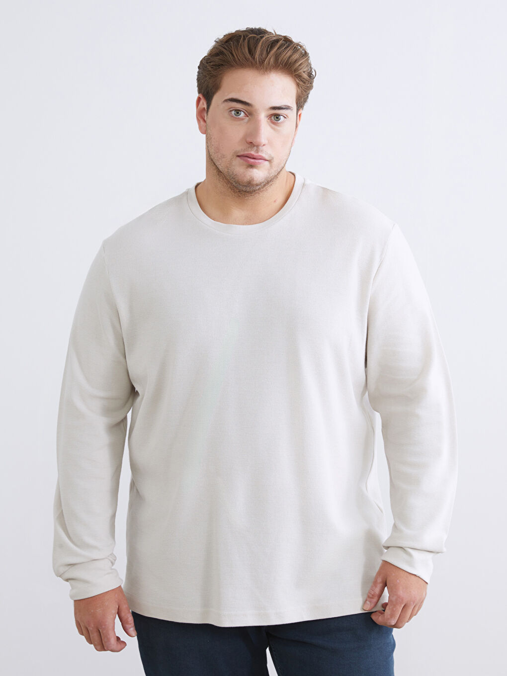 Bej Büyük Beden Bisiklet Yaka Erkek Sweatshirt