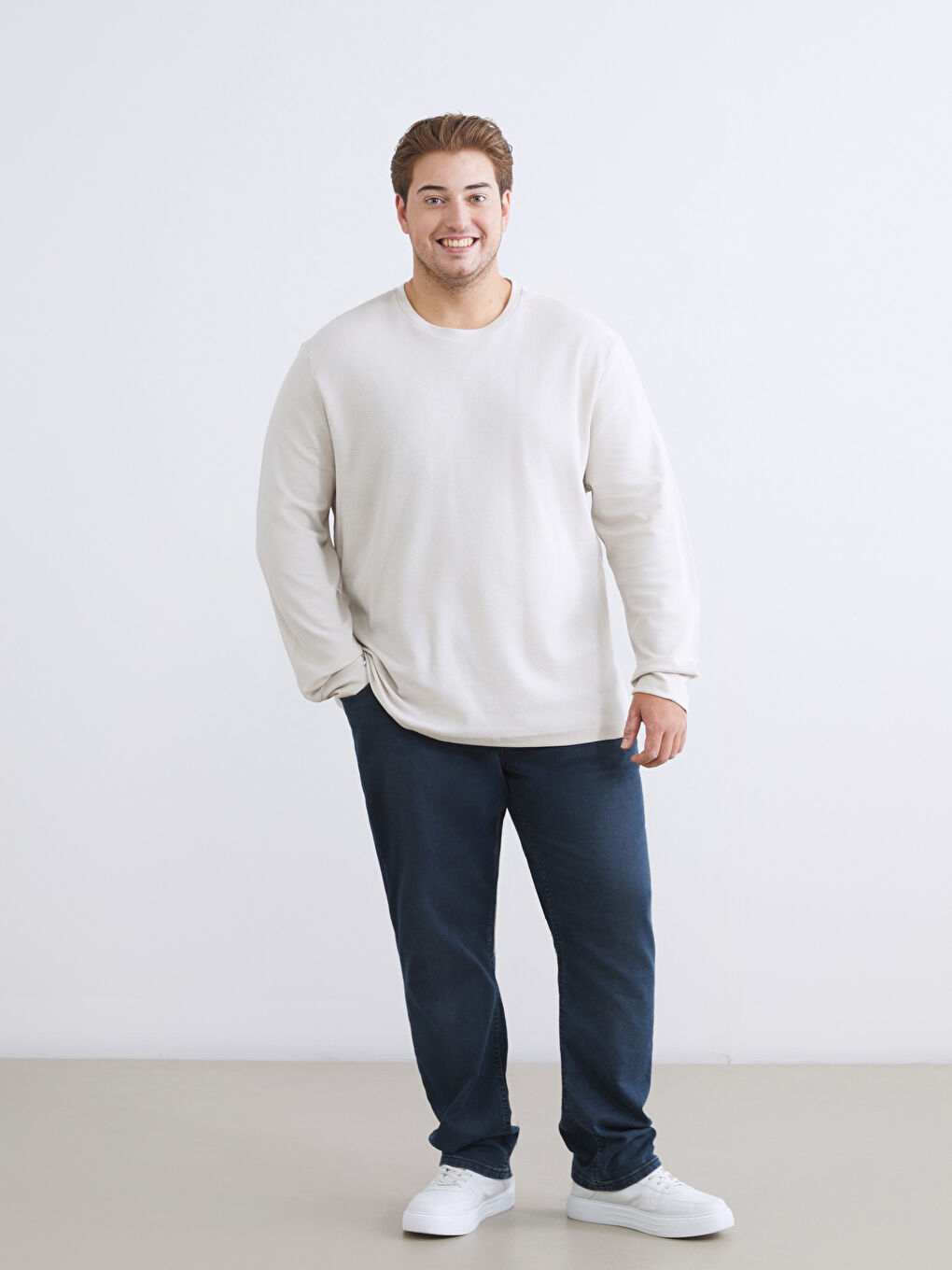 Bej Büyük Beden Bisiklet Yaka Erkek Sweatshirt-1