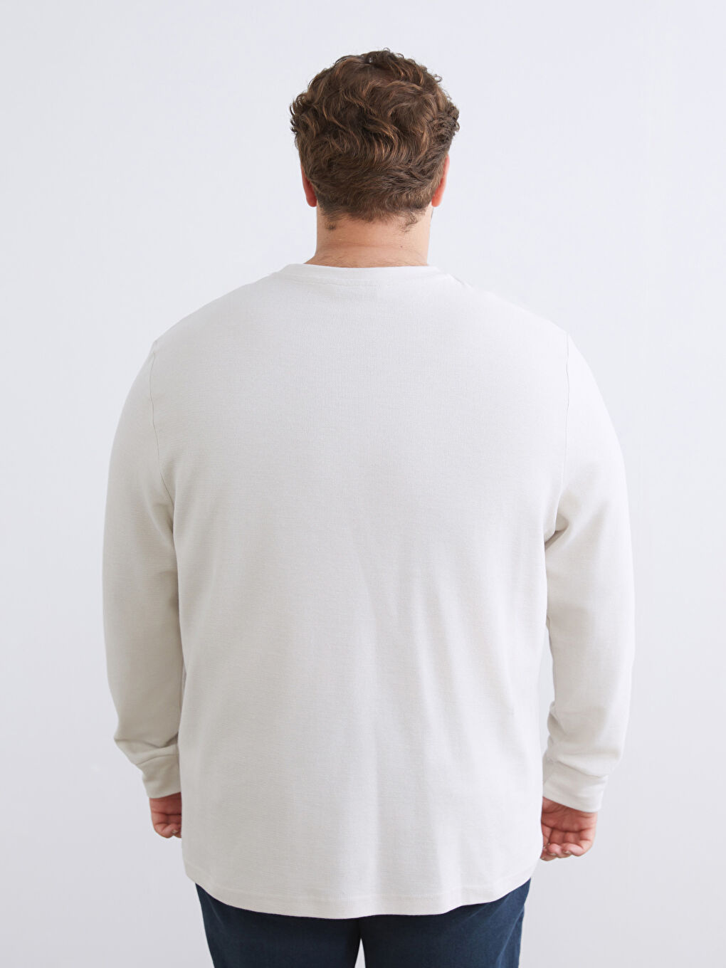 Bej Büyük Beden Bisiklet Yaka Erkek Sweatshirt-3