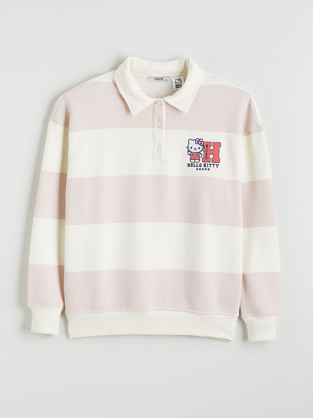 Pembe Polo Yaka Hello Kitty Nakışlı Kadın Kalın Sweatshirt-4