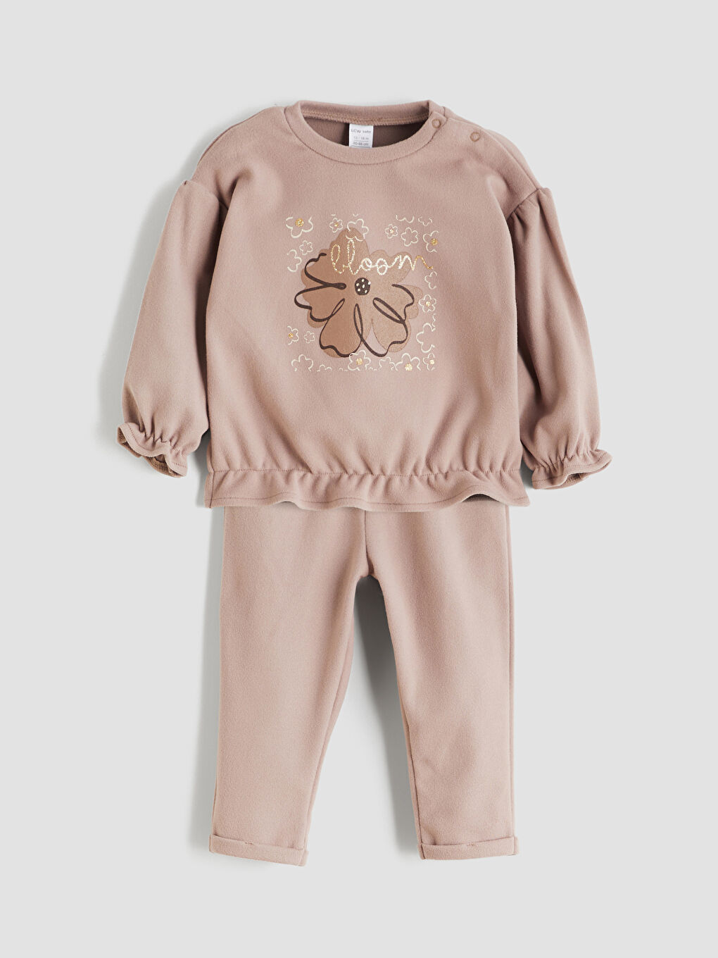 Kahverengi Çiçek Baskılı Fırfırlı Kız Bebek Sweatshirt ve Eşofman Altı