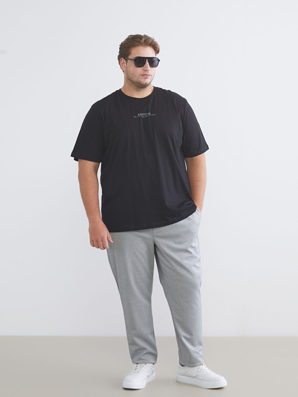 Siyah Büyük Beden Bisiklet Yaka Baskılı Penye Erkek Tişört-2